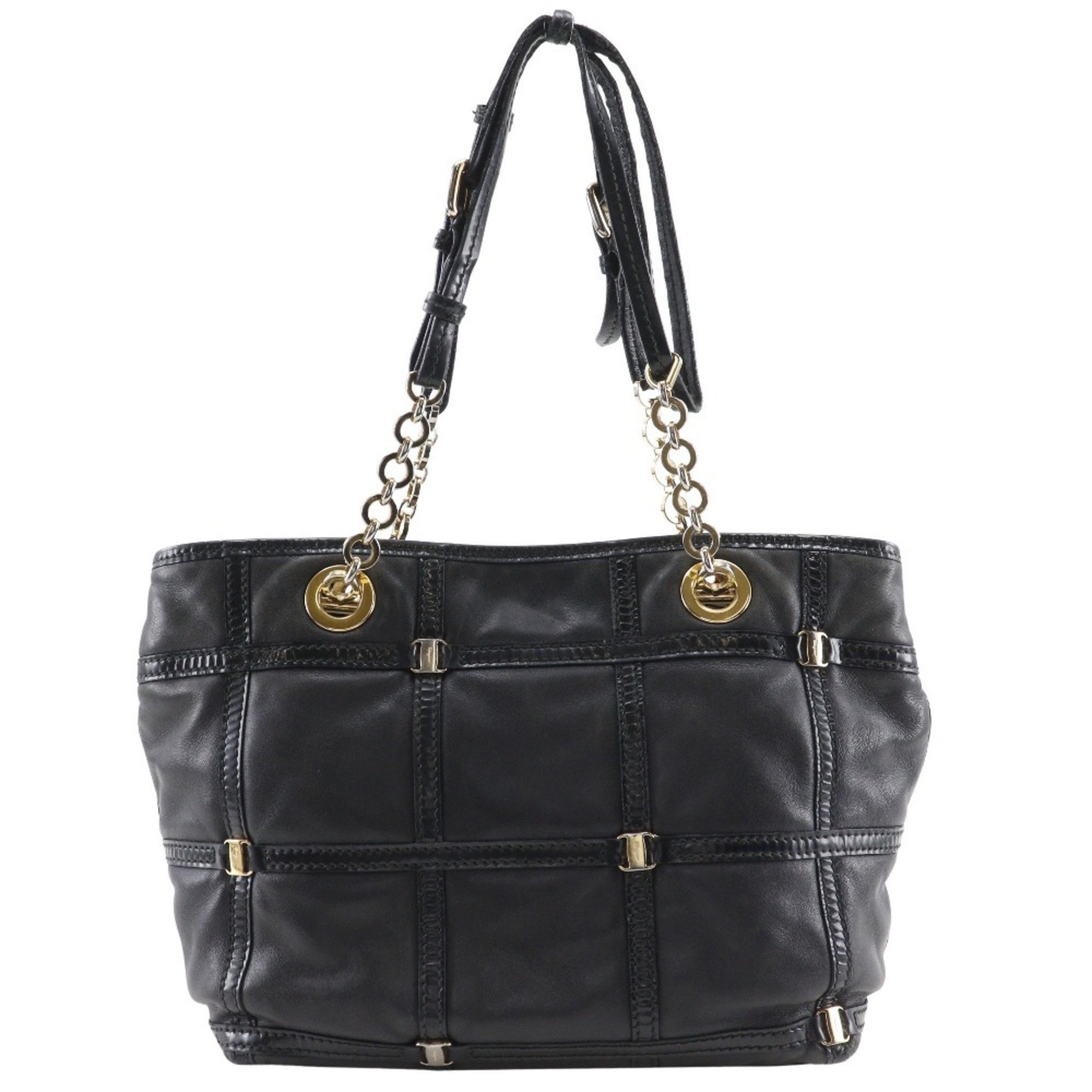 Salvatore Ferragamo Vara Tote Bag In Black Leather And Enamel, Women's